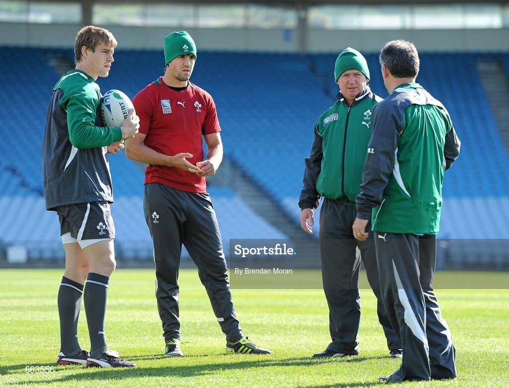 28 September 2011; Ireland's Andrew Trimble, Conor Murray and head coach Declan Kidney in discussion with kicking coach Mark Tainton during squad training ahead of their 2011 Rugby World Cup, Pool C, game against Italy on Sunday. Ireland Rugby Squad Training, Carisbrook Stadium, Dunedin, New Zealand. Picture credit: Brendan Moran / SPORTSFILE
