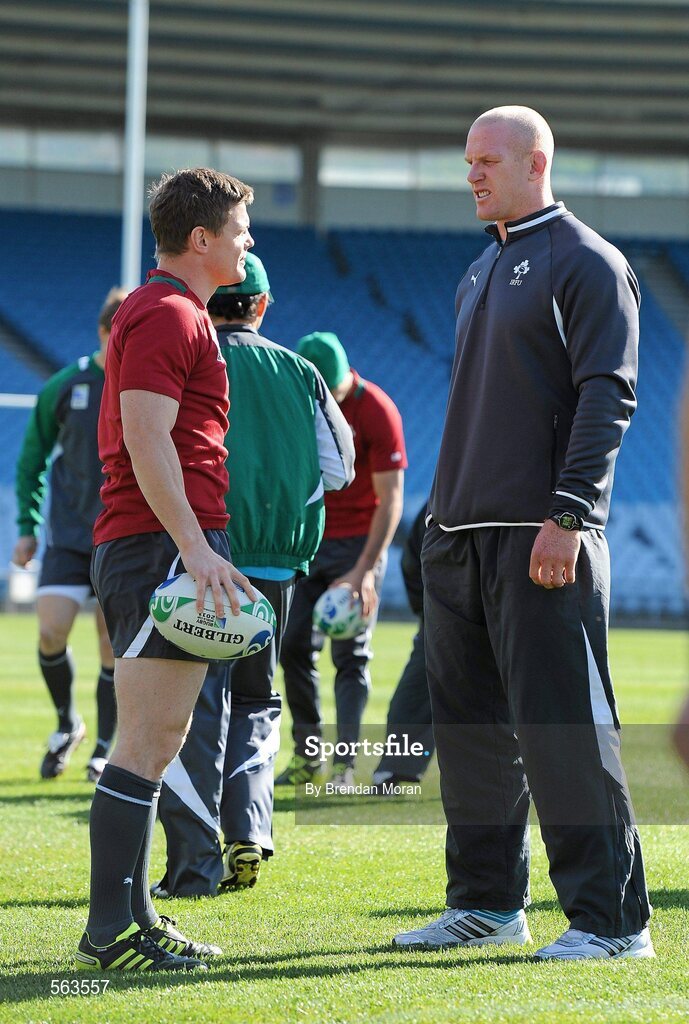 28 September 2011; Ireland captain Brian O'Driscoll in conversation with Paul O'Connell during squad training ahead of their 2011 Rugby World Cup, Pool C, game against Italy on Sunday. Ireland Rugby Squad Training, Carisbrook Stadium, Dunedin, New Zealand. Picture credit: Brendan Moran / SPORTSFILE