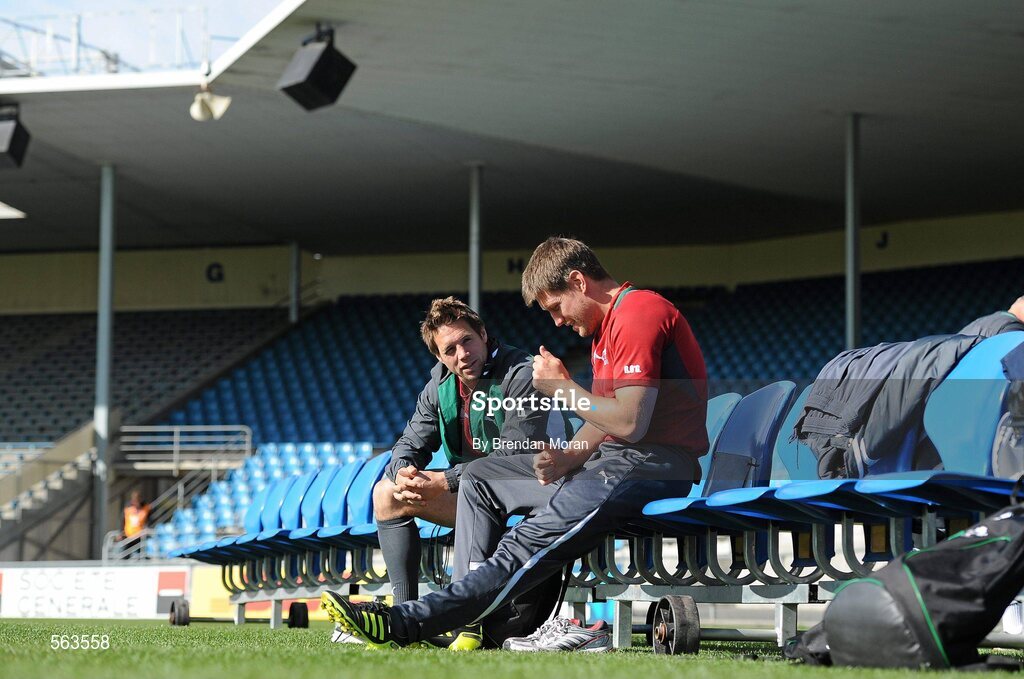 28 September 2011; Ireland scrum-half Isaac Boss with out-half Ronan O'Gara before squad training ahead of their 2011 Rugby World Cup, Pool C, game against Italy on Sunday. Ireland Rugby Squad Training, Carisbrook Stadium, Dunedin, New Zealand. Picture credit: Brendan Moran / SPORTSFILE
