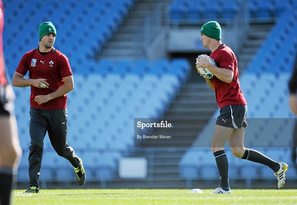 28 September 2011; Ireland scrum-half Conor Murray, left, and out-half Jonathan Sexton in action during squad training ahead of their 2011 Rugby World Cup, Pool C, game against Italy on Sunday. Ireland Rugby Squad Training, Carisbrook Stadium, Dunedin, New Zealand. Picture credit: Brendan Moran / SPORTSFILE