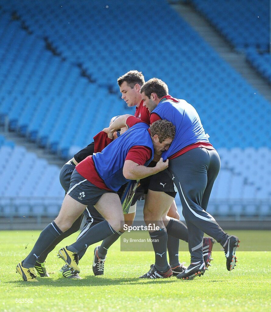 28 September 2011; Ireland's Sean Cronin, Cian Healy and Fergus McFadden in action during squad training ahead of their 2011 Rugby World Cup, Pool C, game against Italy on Sunday. Ireland Rugby Squad Training, Carisbrook Stadium, Dunedin, New Zealand. Picture credit: Brendan Moran / SPORTSFILE