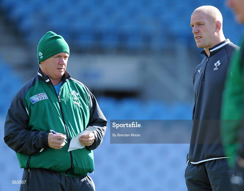 28 September 2011; Ireland head coach Declan Kidney in conversation with Paul O'Connell squad training ahead of their 2011 Rugby World Cup, Pool C, game against Italy on Sunday. Ireland Rugby Squad Training, Carisbrook Stadium, Dunedin, New Zealand. Picture credit: Brendan Moran / SPORTSFILE