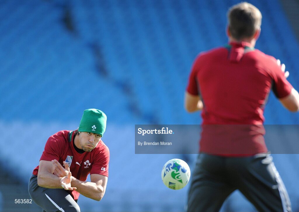 28 September 2011; Ireland scrum-half Conor Murray passes to team-mate Ronan O'Gara during squad training ahead of their 2011 Rugby World Cup, Pool C, game against Italy on Sunday. Ireland Rugby Squad Training, Carisbrook Stadium, Dunedin, New Zealand. Picture credit: Brendan Moran / SPORTSFILE