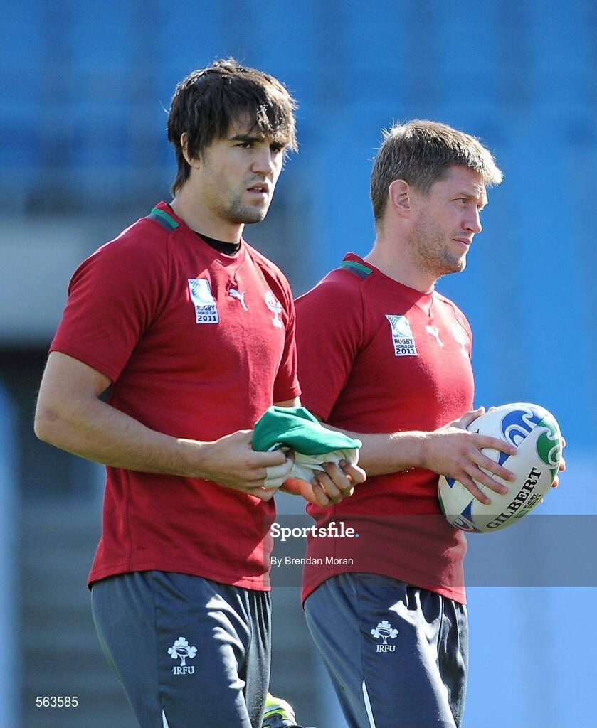 28 September 2011; Ireland scrum-half Conor Murray and out-half Ronan O'Gara during squad training ahead of their 2011 Rugby World Cup, Pool C, game against Italy on Sunday. Ireland Rugby Squad Training, Carisbrook Stadium, Dunedin, New Zealand. Picture credit: Brendan Moran / SPORTSFILE