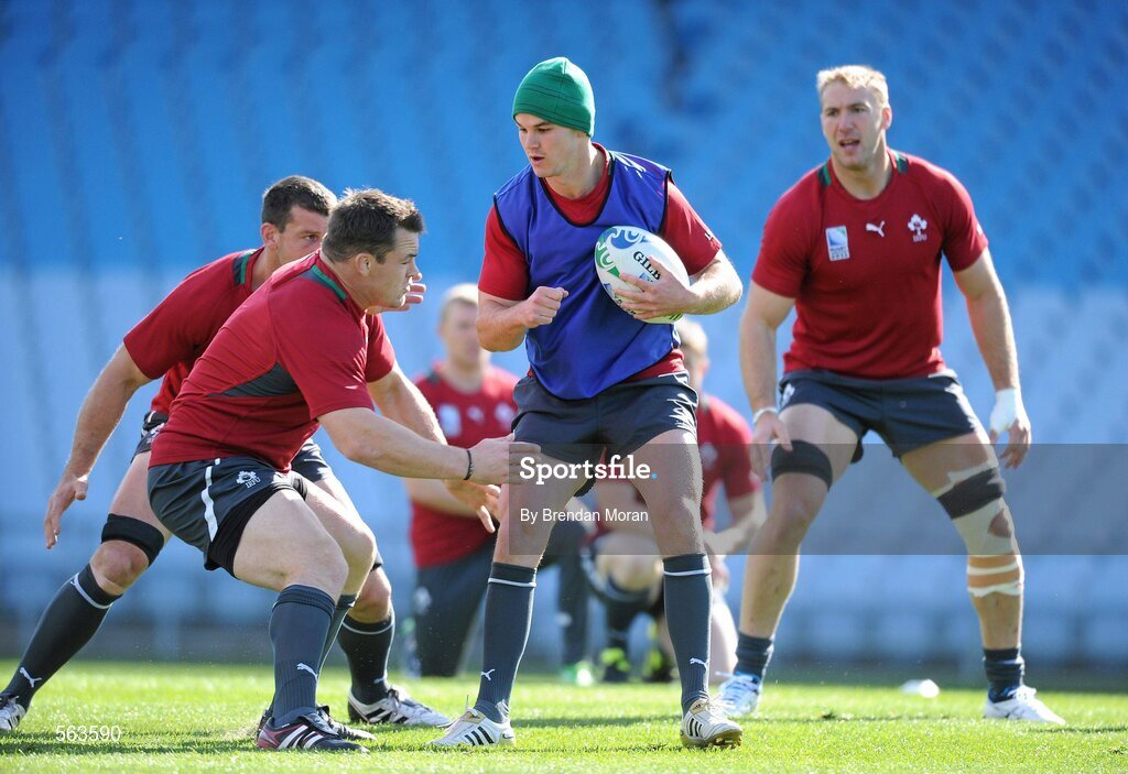 28 September 2011; Ireland's Jonathan Sexton in action against Cian Healy and Denis Leamy during squad training ahead of their 2011 Rugby World Cup, Pool C, game against Italy on Sunday. Ireland Rugby Squad Training, Carisbrook Stadium, Dunedin, New Zealand. Picture credit: Brendan Moran / SPORTSFILE