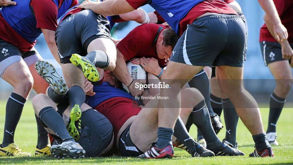 28 September 2011; Ireland prop Cian Healy gets his hands on the ball during squad training ahead of their 2011 Rugby World Cup, Pool C, game against Italy on Sunday. Ireland Rugby Squad Training, Carisbrook Stadium, Dunedin, New Zealand. Picture credit: Brendan Moran / SPORTSFILE