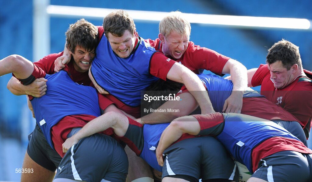 28 September 2011; Ireland forwards Donncha O'Callaghan, Donnacha Ryan, Leo Cullen and Cian Healy in action during squad training ahead of their 2011 Rugby World Cup, Pool C, game against Italy on Sunday. Ireland Rugby Squad Training, Carisbrook Stadium, Dunedin, New Zealand. Picture credit: Brendan Moran / SPORTSFILE