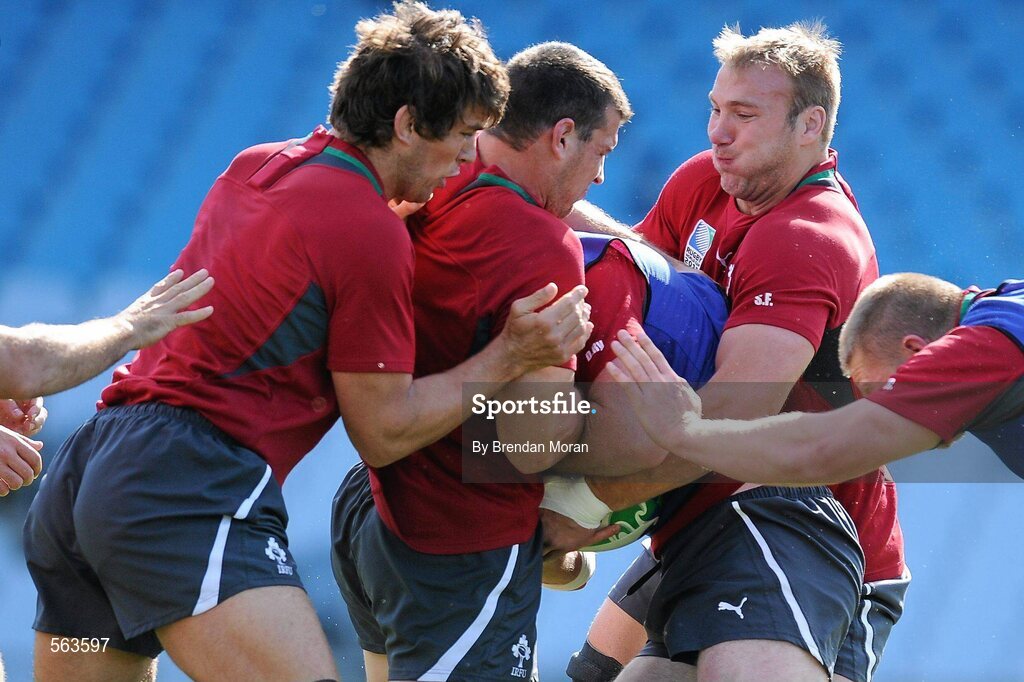28 September 2011; Ireland forwards Donncha O'Callaghan, Denis Leamy and Stephen Ferris in action during squad training ahead of their 2011 Rugby World Cup, Pool C, game against Italy on Sunday. Ireland Rugby Squad Training, Carisbrook Stadium, Dunedin, New Zealand. Picture credit: Brendan Moran / SPORTSFILE