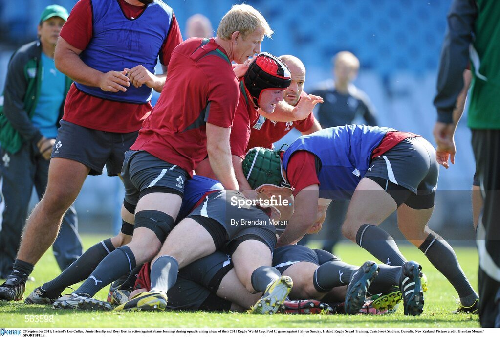 28 September 2011; Ireland's Leo Cullen, Jamie Heaslip and Rory Best in action against Shane Jennings during squad training ahead of their 2011 Rugby World Cup, Pool C, game against Italy on Sunday. Ireland Rugby Squad Training, Carisbrook Stadium, Dunedin, New Zealand. Picture credit: Brendan Moran / SPORTSFILE