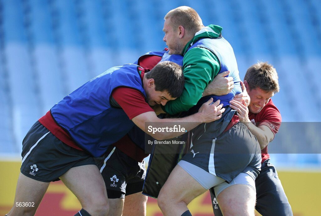 28 September 2011; Ireland's Tom Court is tackled by Jonathan Sexton, left, and Ronan O'Gara during squad training ahead of their 2011 Rugby World Cup, Pool C, game against Italy on Sunday. Ireland Rugby Squad Training, Carisbrook Stadium, Dunedin, New Zealand. Picture credit: Brendan Moran / SPORTSFILE