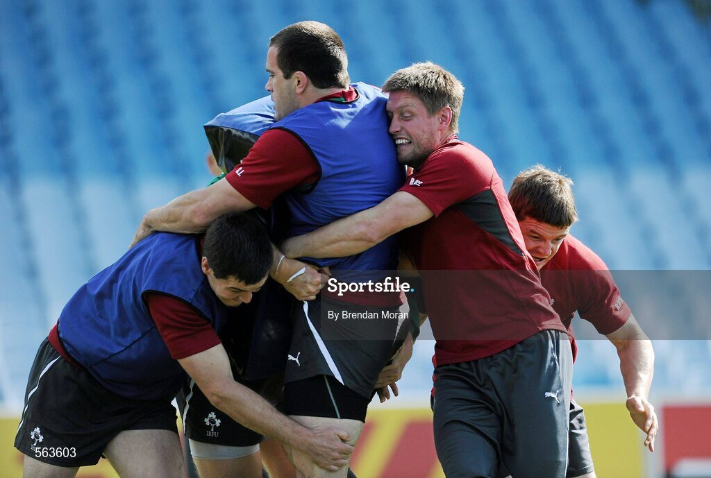 28 September 2011; Ireland's Shane Jenings is tackled by Jonathan Sexton, Ronan O'Gara and Brian O'Driscoll during squad training ahead of their 2011 Rugby World Cup, Pool C, game against Italy on Sunday. Ireland Rugby Squad Training, Carisbrook Stadium, Dunedin, New Zealand. Picture credit: Brendan Moran / SPORTSFILE