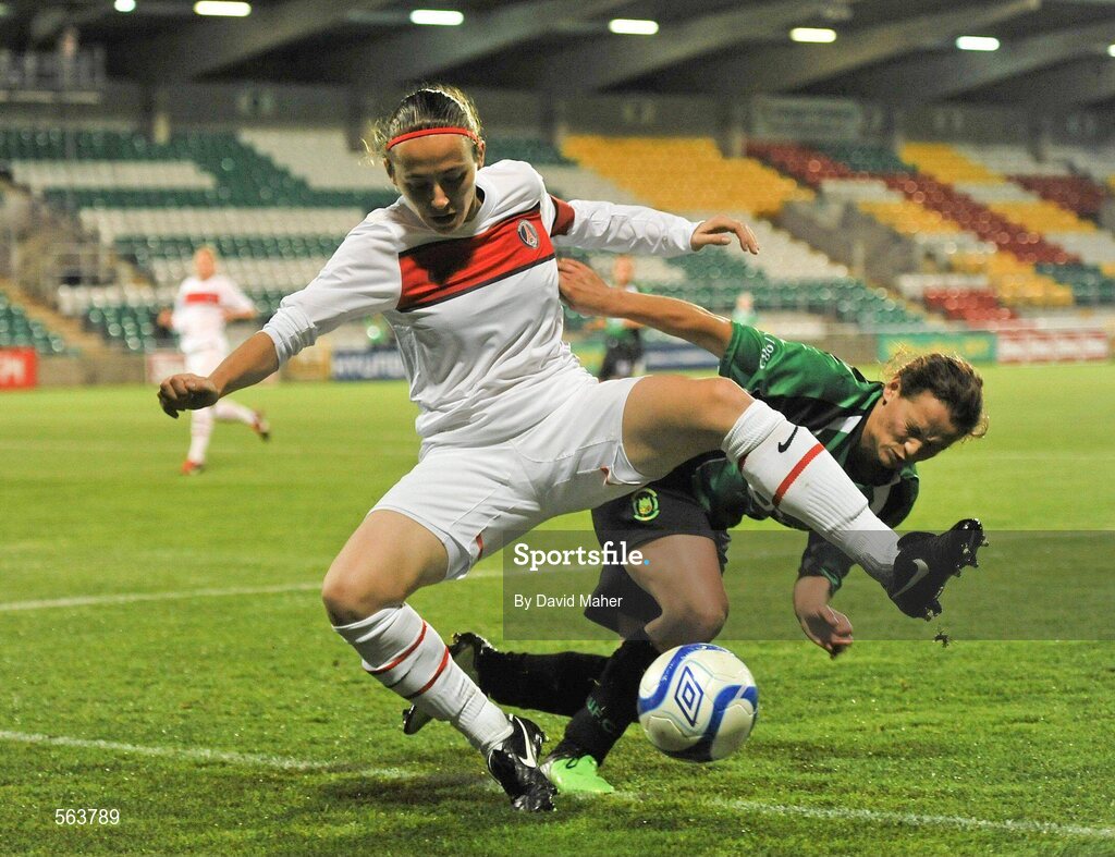 28 September 2011; Sabrina Delannoy, Paris St Germain, in action against Sara Lawlor, Peamount United FC. UEFA Women's Champions League Round of 32, Peamount United FC v Paris St Germain, Tallaght Stadium, Tallaght, Dublin. Picture credit: David Maher / SPORTSFILE