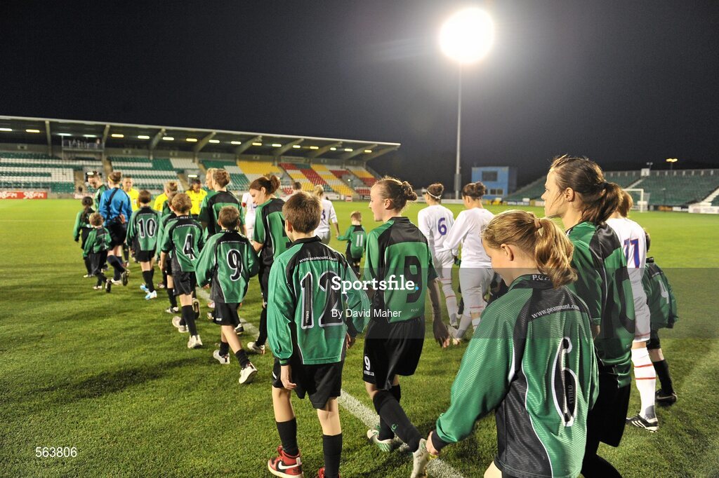 28 September 2011; The Peamount United FC and Paris St Germain players make their way onto the pitch before the start off the game. UEFA Women's Champions League Round of 32, Peamount United FC v Paris St Germain, Tallaght Stadium, Tallaght, Dublin. Picture credit: David Maher / SPORTSFILE