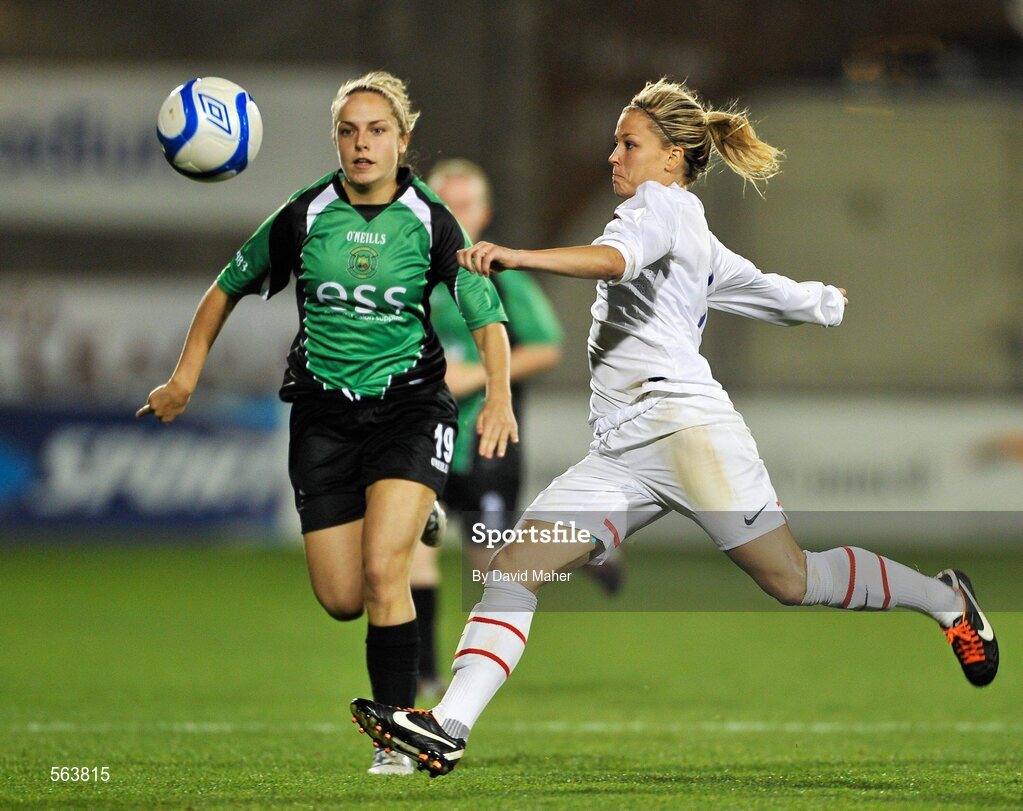 28 September 2011; Laure Boulleau, Paris St Germain, in action against Julie Ann Russell, Peamount United FC. UEFA Women's Champions League Round of 32, Peamount United FC v Paris St Germain, Tallaght Stadium, Tallaght, Dublin. Picture credit: David Maher / SPORTSFILE