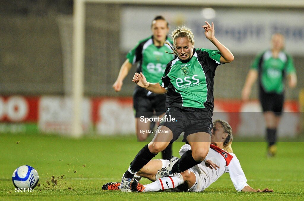 28 September 2011; Laure Boulleau, Paris St Germain, in action against Julie Ann Russell, Peamount United FC. UEFA Women's Champions League Round of 32, Peamount United FC v Paris St Germain, Tallaght Stadium, Tallaght, Dublin. Picture credit: David Maher / SPORTSFILE