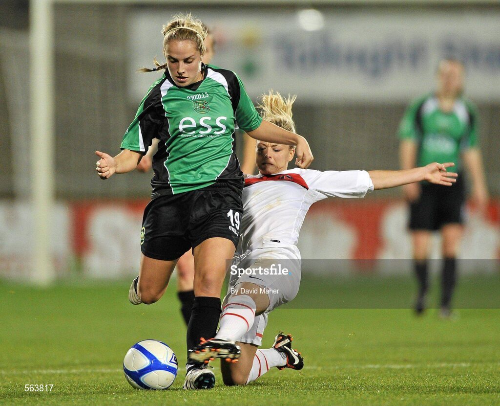 28 September 2011; Laure Boulleau, Paris St Germain, in action against Julie Ann Russell, Peamount United FC. UEFA Women's Champions League Round of 32, Peamount United FC v Paris St Germain, Tallaght Stadium, Tallaght, Dublin. Picture credit: David Maher / SPORTSFILE