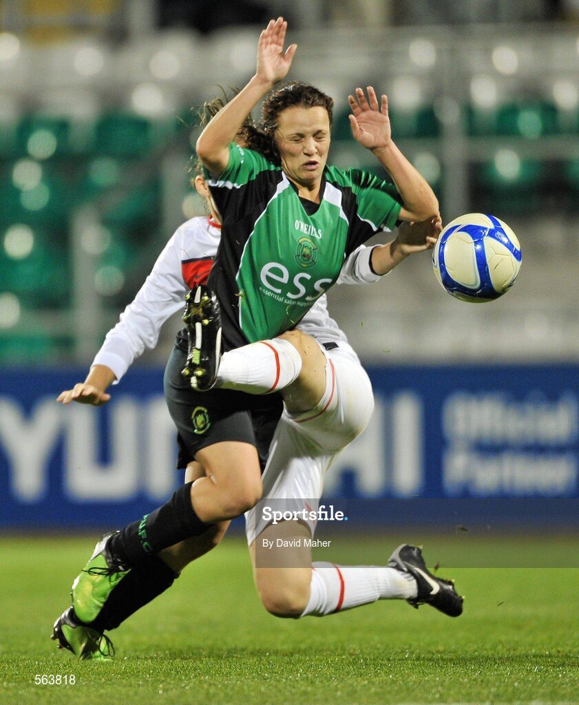 28 September 2011; Sara Lawlor, Peamount United FC, is tackled by Sabrina Delannoy, Paris St Germain. UEFA Women's Champions League Round of 32, Peamount United FC v Paris St Germain, Tallaght Stadium, Tallaght, Dublin. Picture credit: David Maher / SPORTSFILE