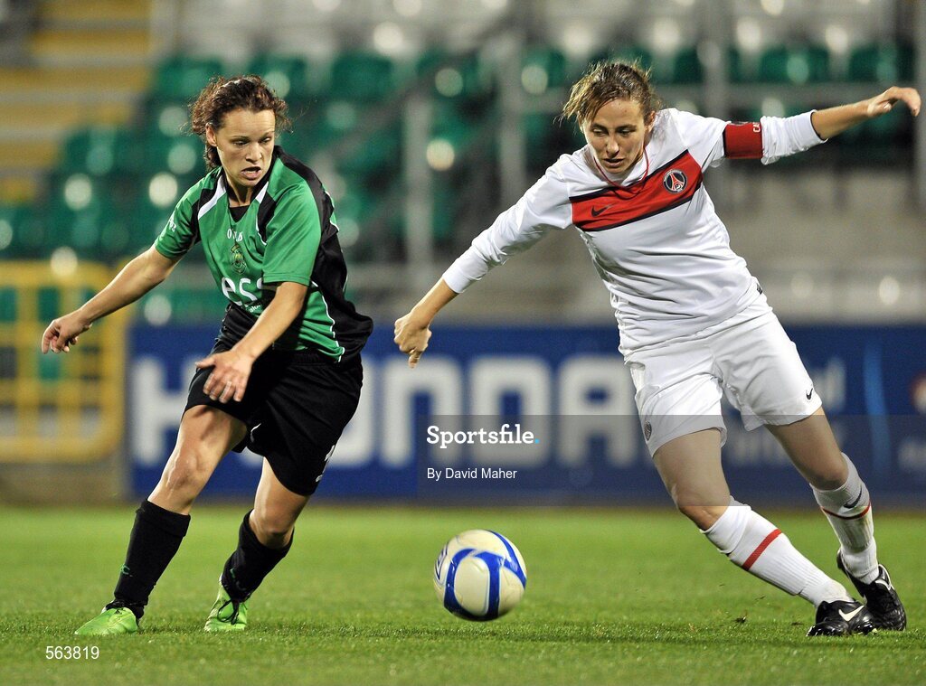 28 September 2011; Sara Lawlor, Peamount United FC, in action against Sabrina Delannoy, Paris St Germain. UEFA Women's Champions League Round of 32, Peamount United FC v Paris St Germain, Tallaght Stadium, Tallaght, Dublin. Picture credit: David Maher / SPORTSFILE