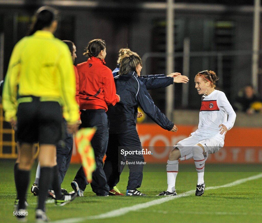 28 September 2011; Paris St Germain's Nora Coton Pelagie celebrates after scoring her side's first goal. UEFA Women's Champions League Round of 32, Peamount United FC v Paris St Germain, Tallaght Stadium, Tallaght, Dublin. Picture credit: David Maher / SPORTSFILE