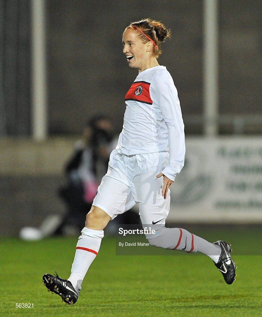 28 September 2011; Paris St Germain's Nora Coton Pelagie celebrates after scoring her side's first goal. UEFA Women's Champions League Round of 32, Peamount United FC v Paris St Germain, Tallaght Stadium, Tallaght, Dublin. Picture credit: David Maher / SPORTSFILE