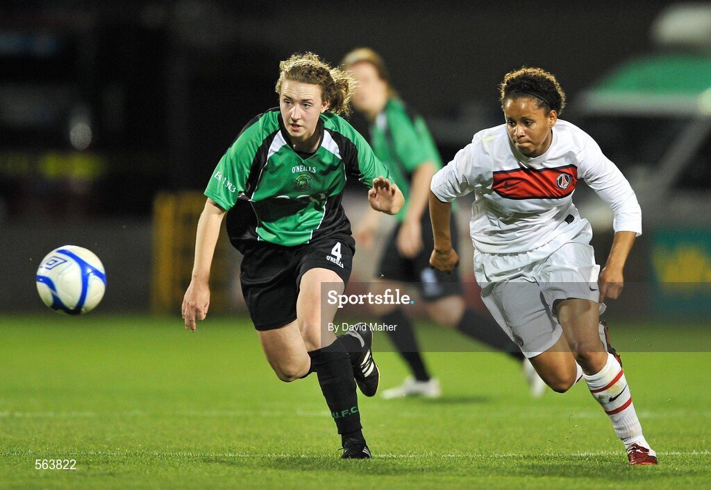 28 September 2011; Karen Duggan, Peamount United FC, in action against Cindy Thomas, Paris St Germain. UEFA Women's Champions League Round of 32, Peamount United FC v Paris St Germain, Tallaght Stadium, Tallaght, Dublin. Picture credit: David Maher / SPORTSFILE