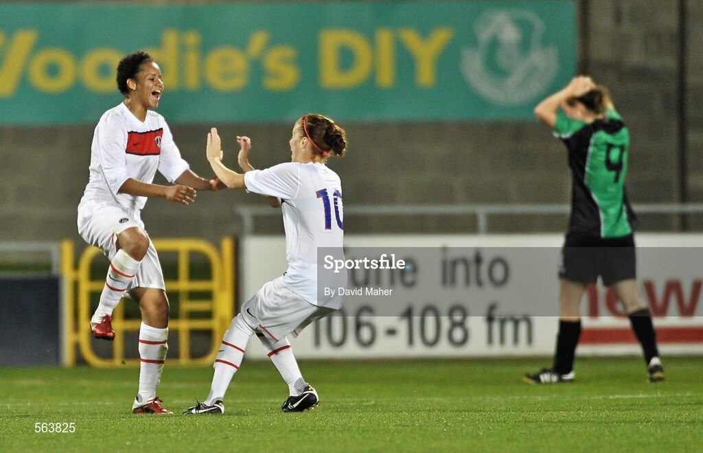 28 September 2011; Paris St Germain's Cindy Thomas, left, celebrates after scoring her side's second goal with team-mate Nora Coton Pelagie. UEFA Women's Champions League Round of 32, Peamount United FC v Paris St Germain, Tallaght Stadium, Tallaght, Dublin. Picture credit: David Maher / SPORTSFILE