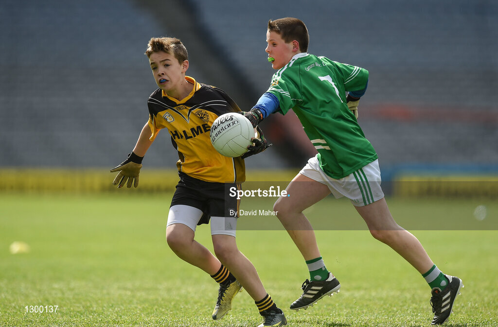 12 April 2017; Jordan Stevens, left, representing Enniscrone GAA Club, Co. Sligo in action against Colm Costello representing Dunmore MacHales GAA Club, Co. Galway during The Go Games Provincial Days in partnership with Littlewoods Ireland Day 3 at Croke Park in Dublin. Photo by David Maher/Sportsfile