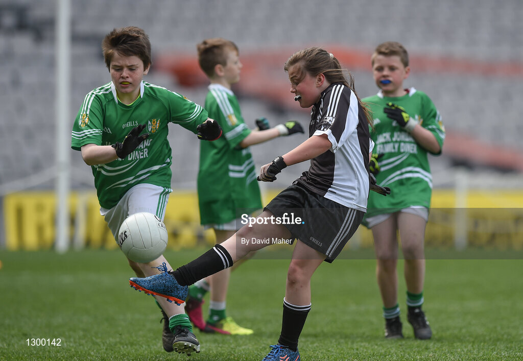 12 April 2017; Emer Keaney representing Glen Gaels GAA Club, Co. Leitrim in action against Christopher Donlon representing Dunmore McHales GAA Club, Co. Galway during The Go Games Provincial Days in partnership with Littlewoods Ireland Day 3 at Croke Park in Dublin. Photo by David Maher/Sportsfile