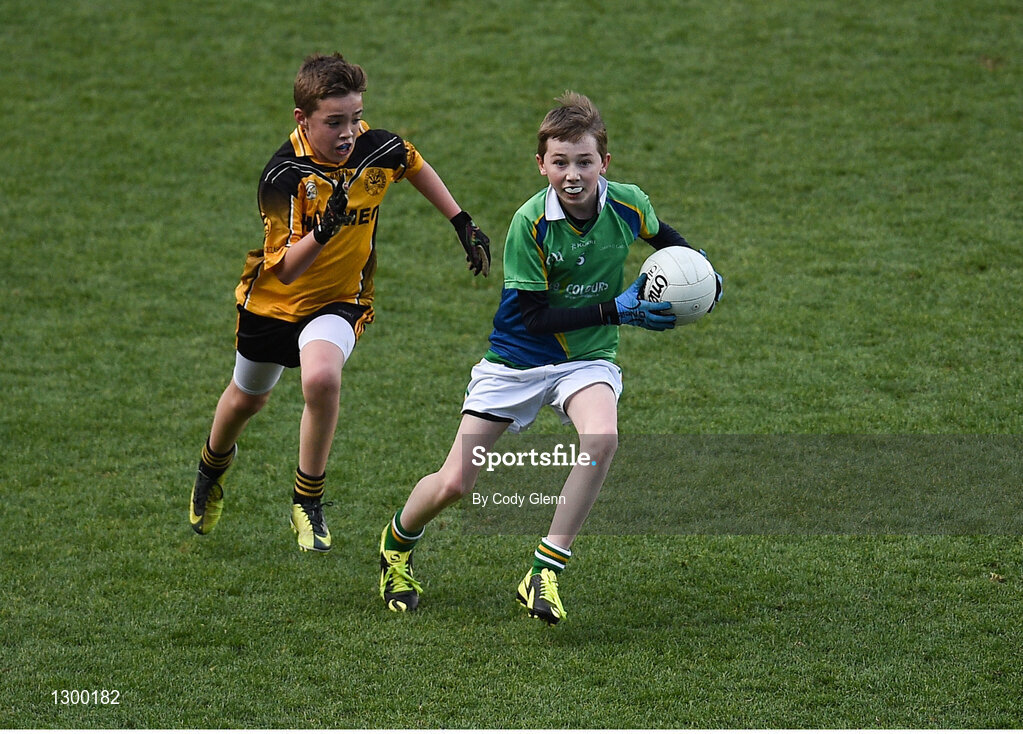 12 April 2017; Michael Moran, representing St Brigids GAA Club, Co Roscommon, in action against Jordan Stephens, representing Enniscrone Kilglass GAA Club, Co Sligo, during The Go Games Provincial Days in partnership with Littlewoods Ireland Day 3 at Croke Park in Dublin. Photo by Cody Glenn/Sportsfile