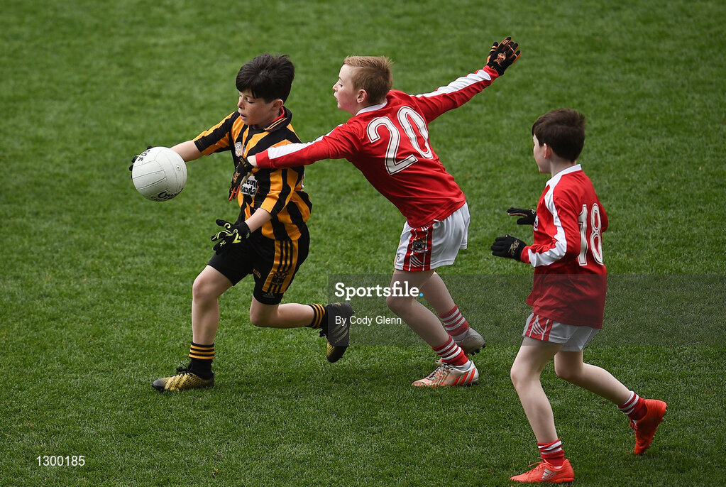 12 April 2017; Darragh Neavy, representing Parke Keelogues Crimlin GAA Club, Co Mayo, in action against Oisín Whelan, representing Coolera Strandhill GAA Club, Co Sligo, during The Go Games Provincial Days in partnership with Littlewoods Ireland Day 3 at Croke Park in Dublin. Photo by Cody Glenn/Sportsfile