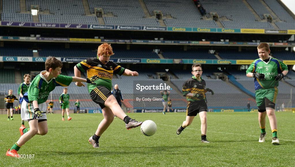 12 April 2017; Jamie Regan, representing Michael Glaveys GAA Club, Co Roscommon, takes a shot against of St Brigids GAA Club, Co Roscommon, during The Go Games Provincial Days in partnership with Littlewoods Ireland Day 3 at Croke Park in Dublin. Photo by Cody Glenn/Sportsfile