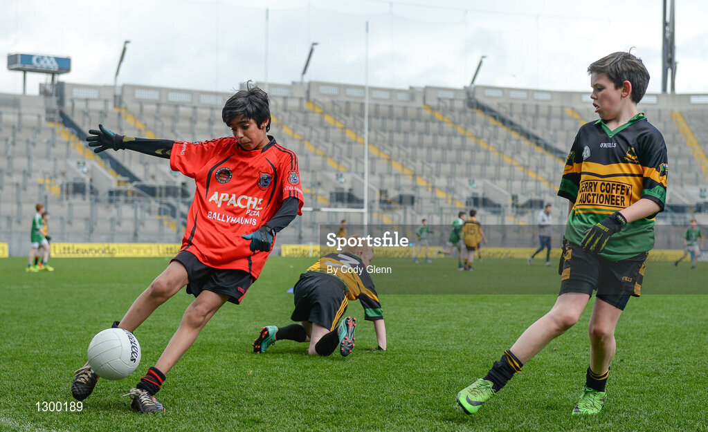 12 April 2017; Achmed Maveed, representing Ballyhaunis GAA Club, Co Mayo, takes a shot against Michael Glaveys GAA Club, Co Roscommon, during The Go Games Provincial Days in partnership with Littlewoods Ireland Day 3 at Croke Park in Dublin. Photo by Cody Glenn/Sportsfile