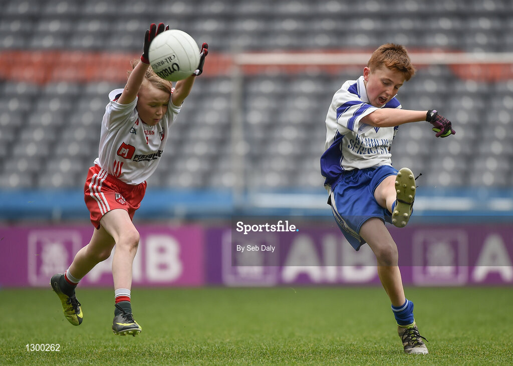 13 April 2017; Ben Guckian representing St Marys GAA Club, Kiltoghert, Co. Leitrim, in action against Shane Coleman, representing Killererin GAA Club, Co. Galway, during the Go Games Provincial Days in partnership with Littlewoods Ireland Day 4 at Croke Park in Dublin. Photo by Seb Daly/Sportsfile