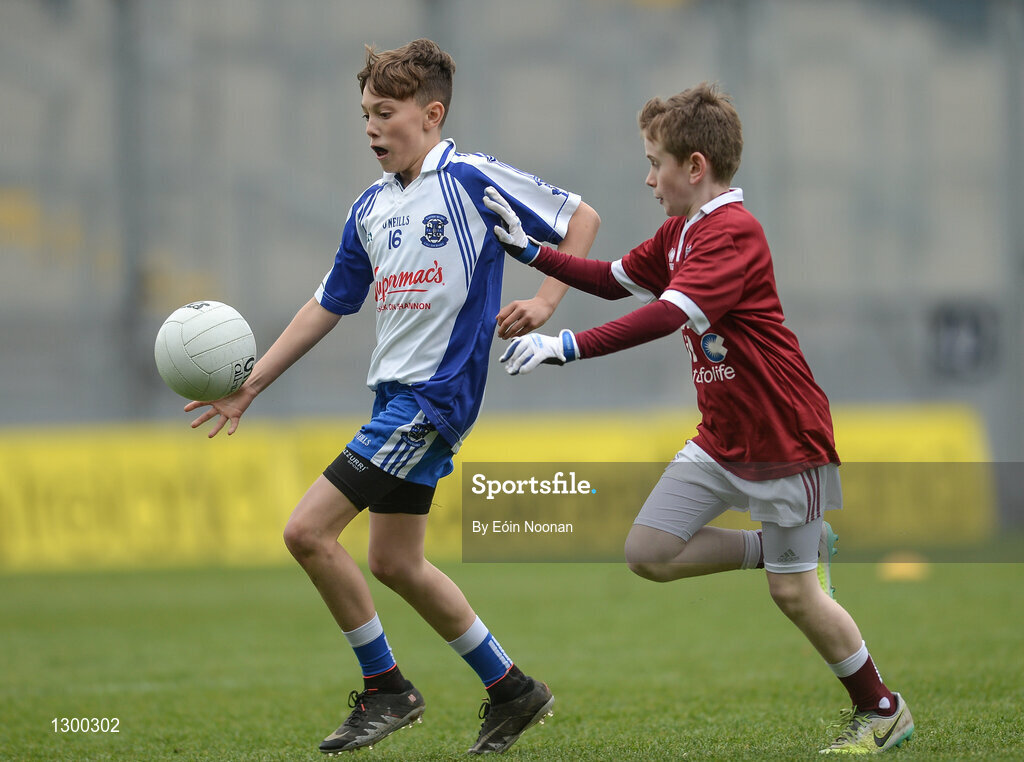 13 April 2017; Daniel Martin representing St Marys GAA Club, Kiltoghert, Co. Leitrim, in action against Oisin Conan representing Balla GAA Club, Co. Mayo, during the Go Games Provincial Days in partnership with Littlewoods Ireland Day 4 at Croke Park in Dublin. Photo by Eóin Noonan/Sportsfile