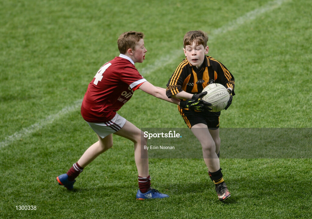 13 April 2017; Jack Walsh representing Strokestown GAA Club, Co. Roscommon in action against Conor Fahy representing Balla GAA Club, Co. Mayo during the Go Games Provincial Days in partnership with Littlewoods Ireland Day 4 at Croke Park in Dublin. Photo by Eóin Noonan/Sportsfile