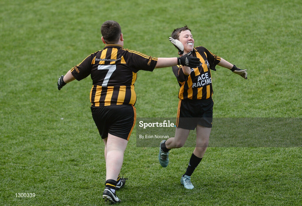 13 April 2017; Alan Dayton, left, representing Strokestown, GAA Club, Co. Roscommon celebrates with teammate Jack Fallon after scoring a goal for his side during the Go Games Provincial Days in partnership with Littlewoods Ireland Day 4 at Croke Park in Dublin. Photo by Eóin Noonan/Sportsfile