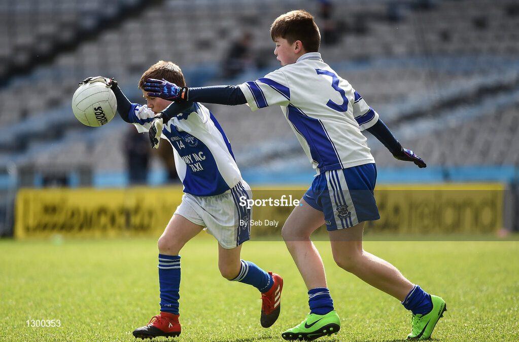 13 April 2017; Cormac O'Mahony representing Kiltimagh GAA Club, Co. Mayo, in action against Emmit Doran representing St Marys GAA Club, Kiltoghert, Co. Leitrim, during the Go Games Provincial Days in partnership with Littlewoods Ireland Day 4 at Croke Park in Dublin. Photo by Seb Daly/Sportsfile