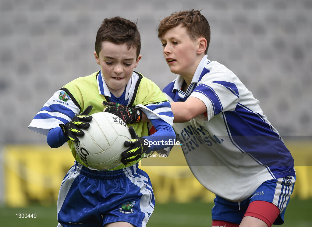 13 April 2017; Aaron Neary representing St Farnans GAA Club, Co. Sligo, in action against Darragh Holmes representing St Marys GAA Club, Co. Leitrim, during the Go Games Provincial Days in partnership with Littlewoods Ireland Day 4 at Croke Park in Dublin. Photo by Seb Daly/Sportsfile