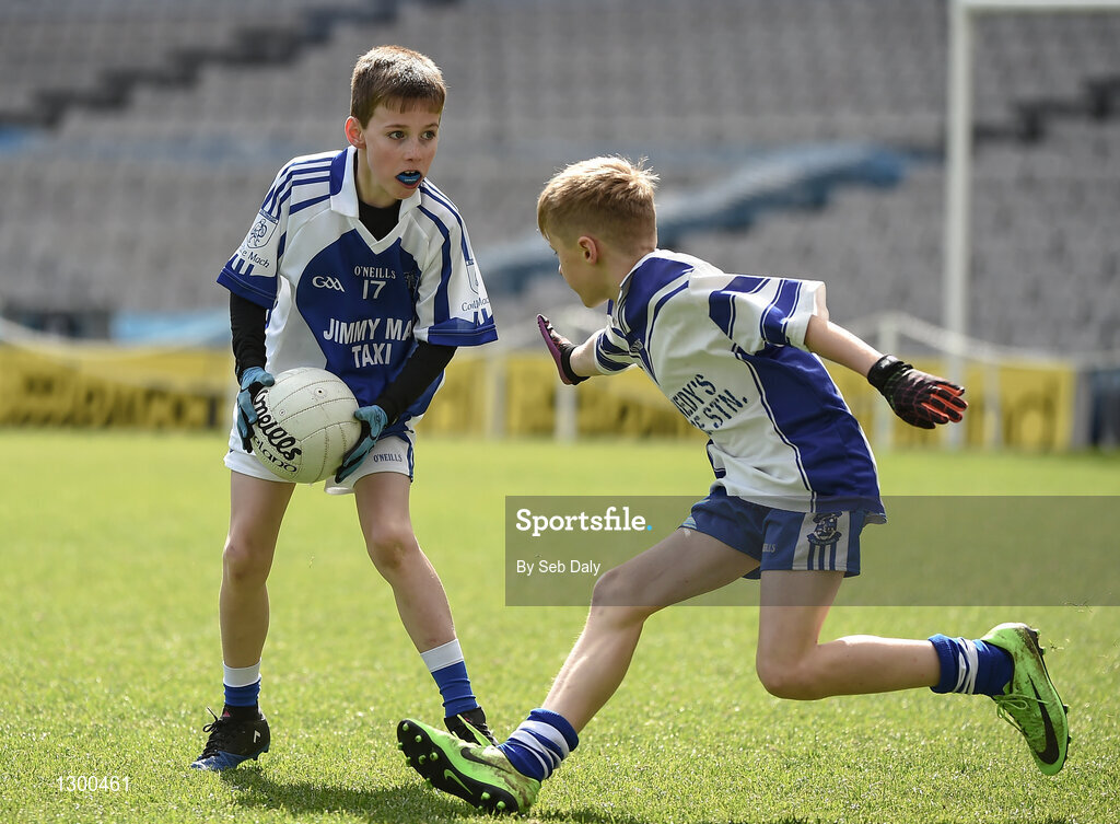 13 April 2017; Ambrose Devine representing St Marys GAA Club, Kiltoghert, Co. Leitrim, in action against Oisin Mulderrig representing Kiltimagh GAA Club, Co. Mayo, during the Go Games Provincial Days in partnership with Littlewoods Ireland Day 4 at Croke Park in Dublin. Photo by Seb Daly/Sportsfile