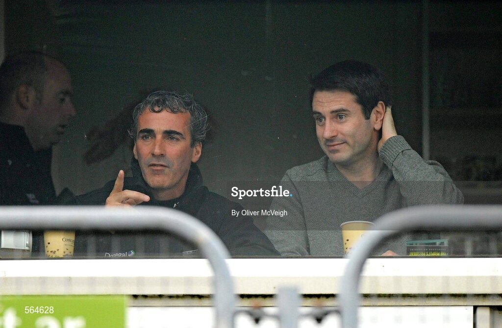 2 October 2011; Jim McGuinness, left, Donegal manager, and his asstant manager Rory Gallagher, watching the game from the press box. Radio Na Gaeltachta Donegal County Senior Football Championship Final, Glenswilly v St. Michael's, MacCumhaill Park, Ballybofey, Co. Donegal. Picture credit: Oliver McVeigh / SPORTSFILE