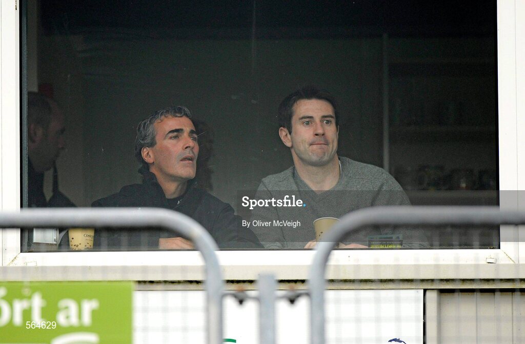 2 October 2011; Jim McGuinness, left, Donegal manager, and his asstant manager Rory Gallagher, watching the game from the press box. Radio Na Gaeltachta Donegal County Senior Football Championship Final, Glenswilly v St. Michael's, MacCumhaill Park, Ballybofey, Co. Donegal. Picture credit: Oliver McVeigh / SPORTSFILE