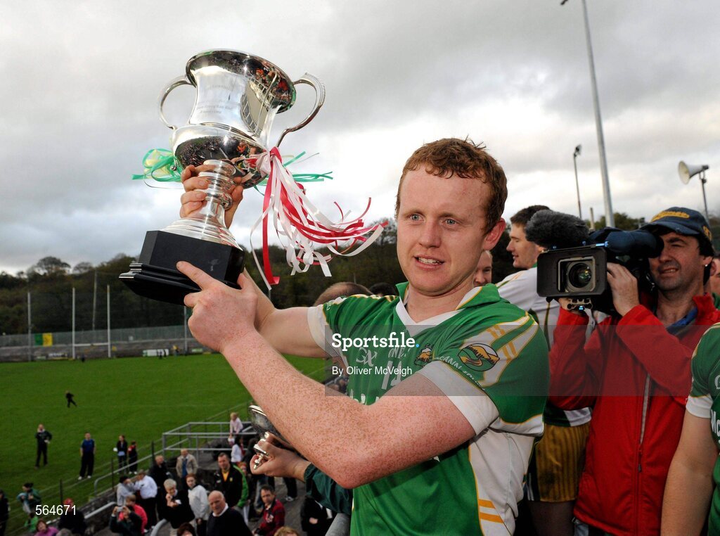 2 October 2011; Glenswilly captain Gary McFadden holds aloft the Dr Maguire cup. Radio Na Gaeltachta Donegal County Senior Football Championship Final, Glenswilly v St. Michael's, MacCumhaill Park, Ballybofey, Co. Donegal. Picture credit: Oliver McVeigh / SPORTSFILE