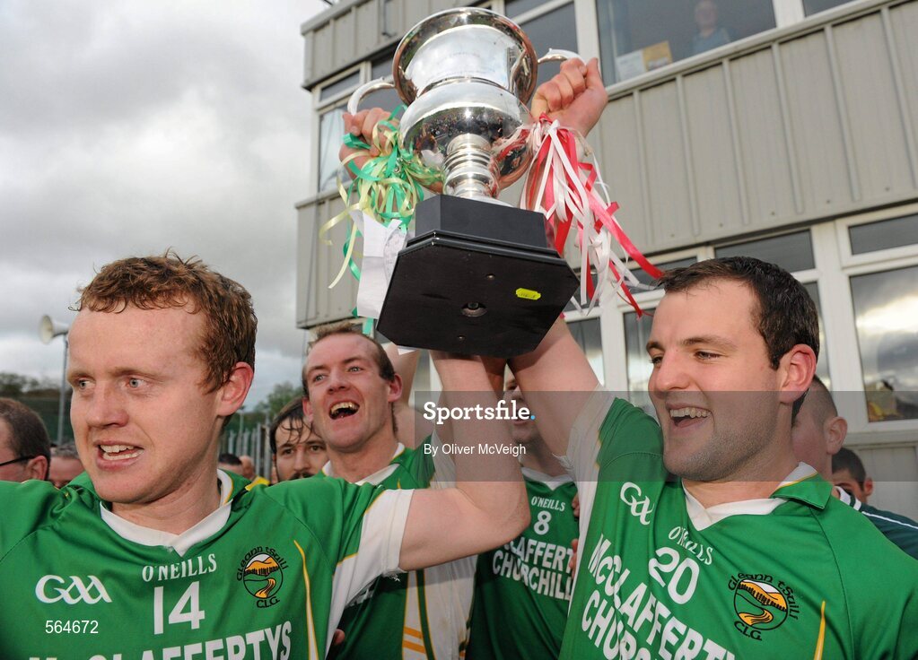 2 October 2011; Glenswilly captain Gary McFadden, left, and Michael Murphy, holds aloft the Dr Maguire cup. Radio Na Gaeltachta Donegal County Senior Football Championship Final, Glenswilly v St. Michael's, MacCumhaill Park, Ballybofey, Co. Donegal. Picture credit: Oliver McVeigh / SPORTSFILE