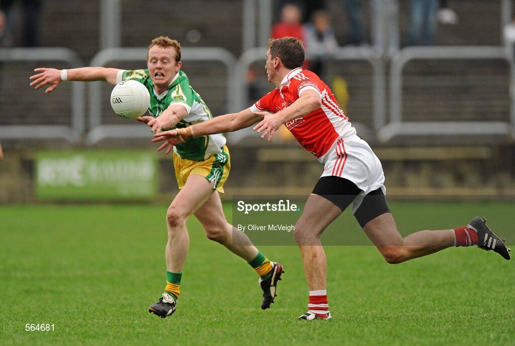 2 October 2011; Gary McFadden, Glenswilly, in action against Brian McLaughlin, St. Michael's. Radio Na Gaeltachta Donegal County Senior Football Championship Final, Glenswilly v St. Michael's, MacCumhaill Park, Ballybofey, Co. Donegal. Picture credit: Oliver McVeigh / SPORTSFILE