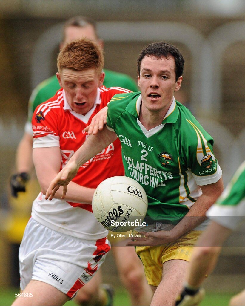 2 October 2011; Rory McDaid, Glenswilly, in action against Daniel McLaughlin, St. Michael's. Radio Na Gaeltachta Donegal County Senior Football Championship Final, Glenswilly v St. Michael's, MacCumhaill Park, Ballybofey, Co. Donegal. Picture credit: Oliver McVeigh / SPORTSFILE