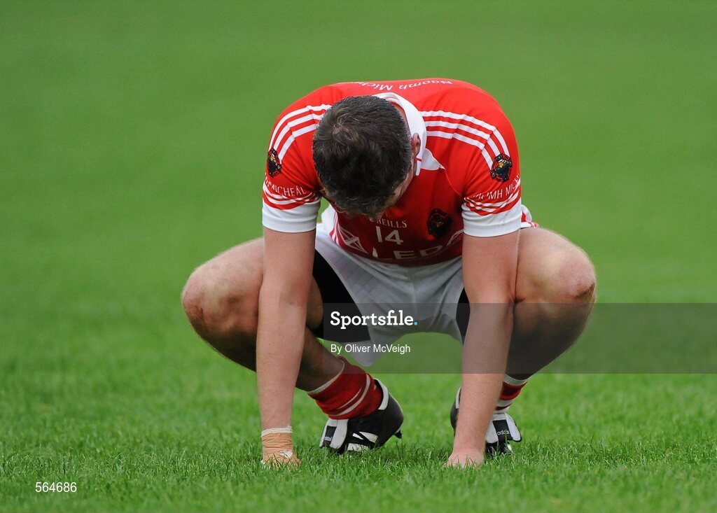 2 October 2011; A dejected Brian McLaughlin, St. Michael's, at the final whistle. Radio Na Gaeltachta Donegal County Senior Football Championship Final, Glenswilly v St. Michael's, MacCumhaill Park, Ballybofey, Co. Donegal. Picture credit: Oliver McVeigh / SPORTSFILE