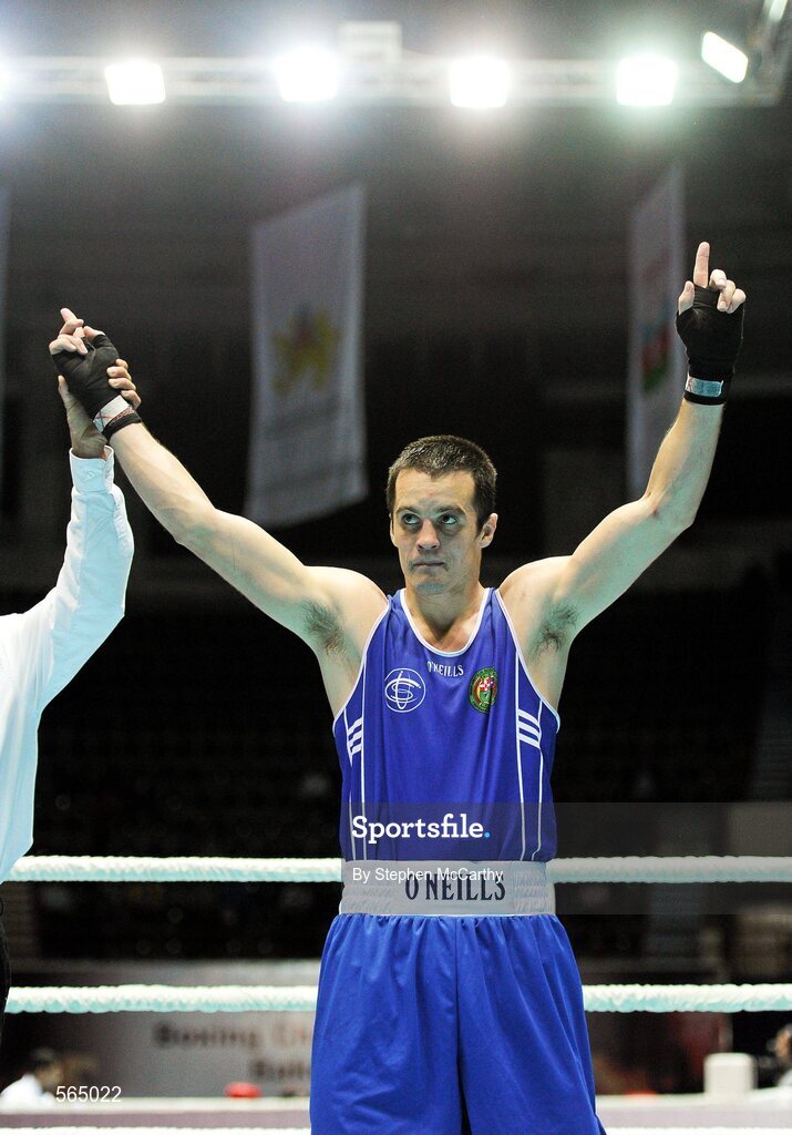 4 October 2011; Darren O'Neill, Paulstown B.C., Kilkenny, representing Ireland, celebrates his victory over Mladen Manev, Bulgaria, following their 75kg bout. O'Neill's 19-12 victory ensured progression to the Quarter-Finals and also qualification for the London 2012 Olympic Games. 2011 AIBA World Boxing Championships - Last 16, Darren O'Neill v Mladen Manev. Heydar Aliyev Sports and Exhibition Complex, Baku, Azerbaijan. Picture credit: Stephen McCarthy / SPORTSFILE
