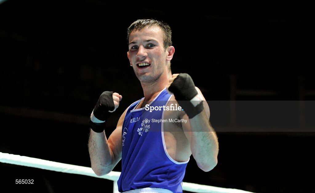 4 October 2011; John Joe Nevin, Cavan B.C., representing Ireland, celebrates victory over Otgondalai Dorjnyambuu, Mongolia, following their 56kg bout. Nevin won the contest on countback after the bout ended 18-18. Nevin's victory ensured progression to the Quarter-Finals and also qualification for the London 2012 Olympic Games. 2011 AIBA World Boxing Championships - Last 16, John Joe Nevin v Otgondalai Dorjnyambuu. Heydar Aliyev Sports and Exhibition Complex, Baku, Azerbaijan. Picture credit: Stephen McCarthy / SPORTSFILE