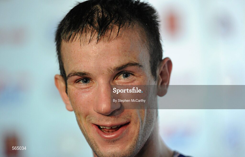 4 October 2011; John Joe Nevin, Cavan B.C., representing Ireland, speaking to media after his victory Otgondalai Dorjnyambuu, Mongolia, following their 56kg bout. Nevin won the contest on countback after the bout ended 18-18. Nevin's victory ensured progression to the Quarter-Finals and also qualification for the London 2012 Olympic Games. 2011 AIBA World Boxing Championships - Last 16, John Joe Nevin v Otgondalai Dorjnyambuu. Heydar Aliyev Sports and Exhibition Complex, Baku, Azerbaijan. Picture credit: Stephen McCarthy / SPORTSFILE