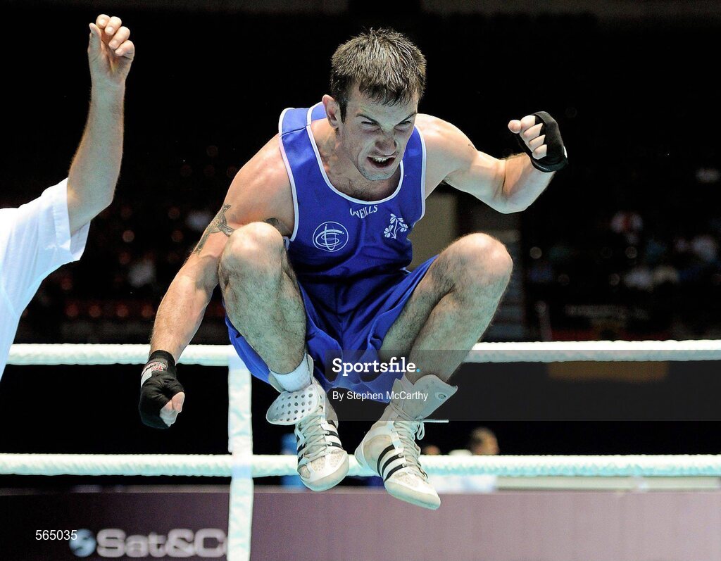 4 October 2011; John Joe Nevin, Cavan B.C., representing Ireland, celebrates victory over Otgondalai Dorjnyambuu, Mongolia, following their 56kg bout. Nevin won the contest on countback after the bout ended 18-18. Nevin's victory ensured progression to the Quarter-Finals and also qualification for the London 2012 Olympic Games. 2011 AIBA World Boxing Championships - Last 16, John Joe Nevin v Otgondalai Dorjnyambuu. Heydar Aliyev Sports and Exhibition Complex, Baku, Azerbaijan. Picture credit: Stephen McCarthy / SPORTSFILE